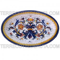 Vassoio ceramica maiolica Deruta dipinto a mano da portata ovale decoro ricco Deruta blu