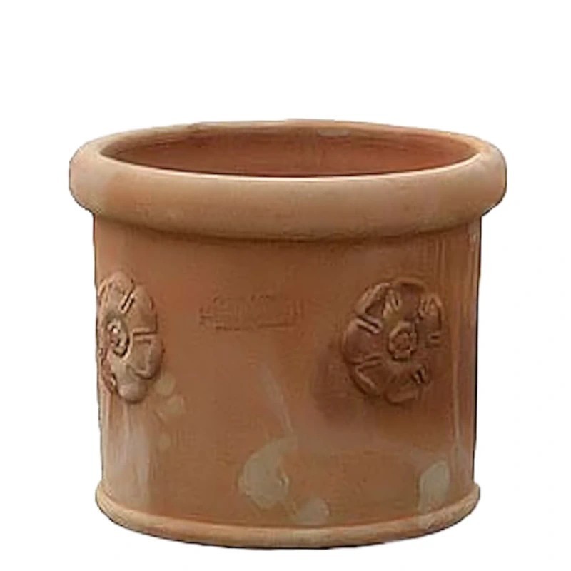 Small cylindrical terracotta vase with rosette handmade