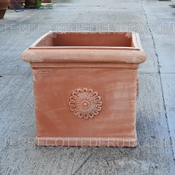 Square cube terracotta vase with rosette handmade