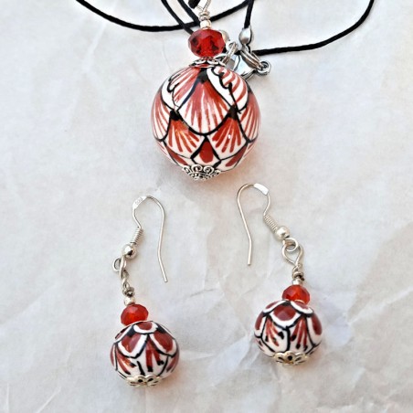 Deruta majolica ceramic necklace earrings set hand painted red decoration