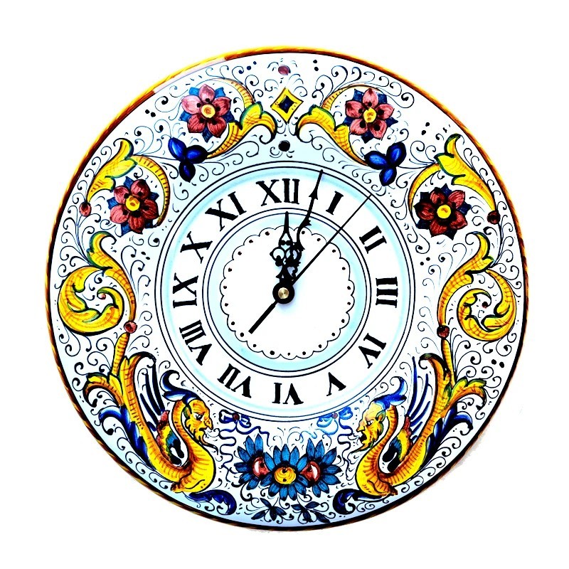 Wall clock in Deruta majolica hand painted Simple Raphaelesque decoration