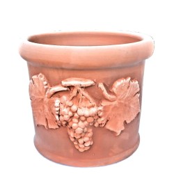 Small cylindrical terracotta vase with cluster grapes and leaves handmade