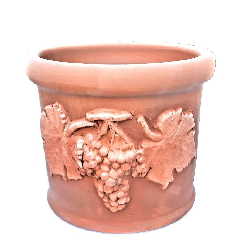 Small cylindrical vase in Terracotta with grapes hand made Cm. 25 30