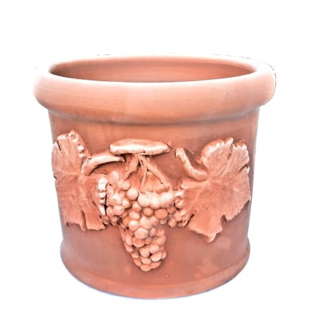 Piccolo vaso cilindrico in Terracotta con Grappolo Uva lavorato a mano Cm. 25 30