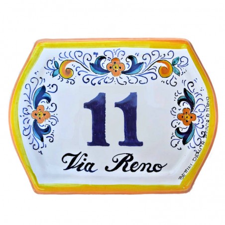 House number ceramic majolica Deruta with street hand painted yellow edge