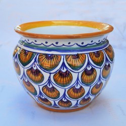 Porta vaso cachepot ceramica maiolica Deruta dipinto a mano decoro penne pavone verdi
