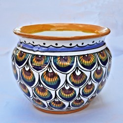 Porta vaso cachepot ceramica maiolica Deruta dipinto a mano decoro penne pavone blu