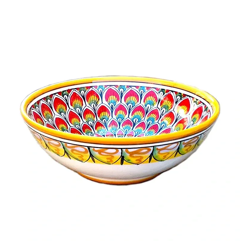 Deruta majolica ceramic salad bowl hand painted with Red peacock feathers decoration