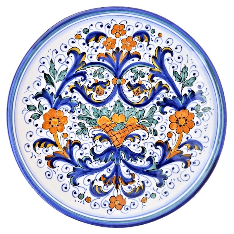 Piatto ceramica maiolica Deruta dipinto a mano da parete decoro Ricco Deruta blu Cesto