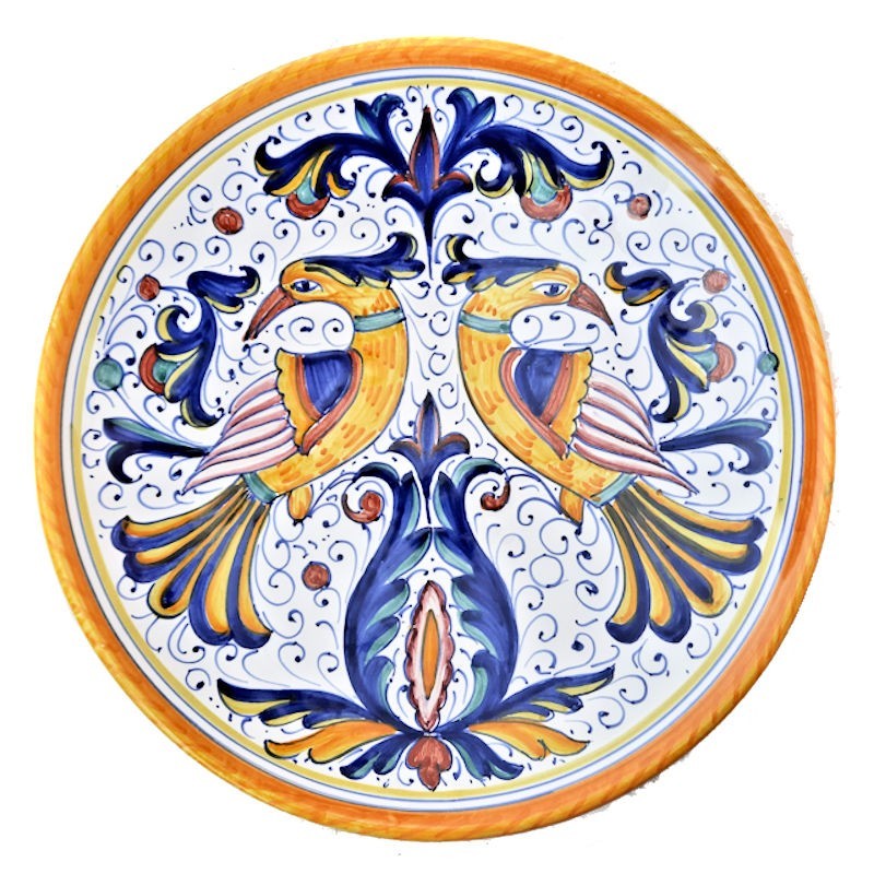 Piatto ceramica maiolica Deruta dipinto a mano da parete decoro Raffaellesco Pappagallo
