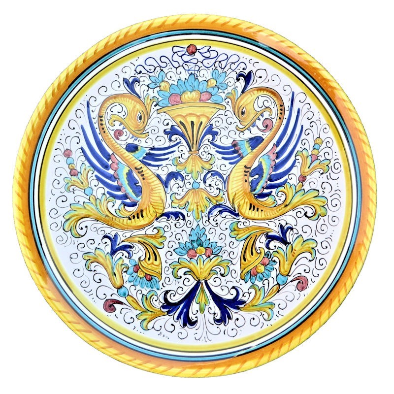 Piatto ceramica maiolica Deruta dipinto a mano da parete decoro Raffaellesco delfino
