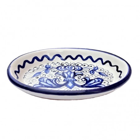 Portasapone ceramica maiolica Deruta dipinto a mano decoro ricco Deruta blu monocolore ovale