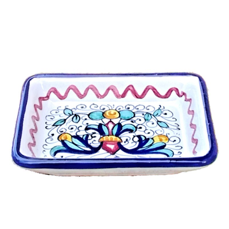 Portasapone ceramica maiolica Deruta dipinto a mano decoro ricco Deruta blu rettangolare