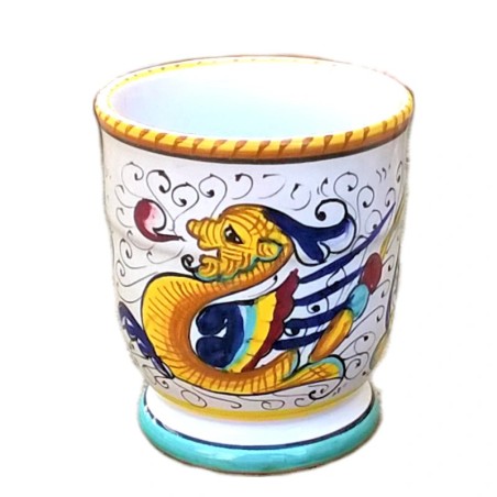 Deruta majolica glass toothbrush holder hand painted with Raphaelesque decoration