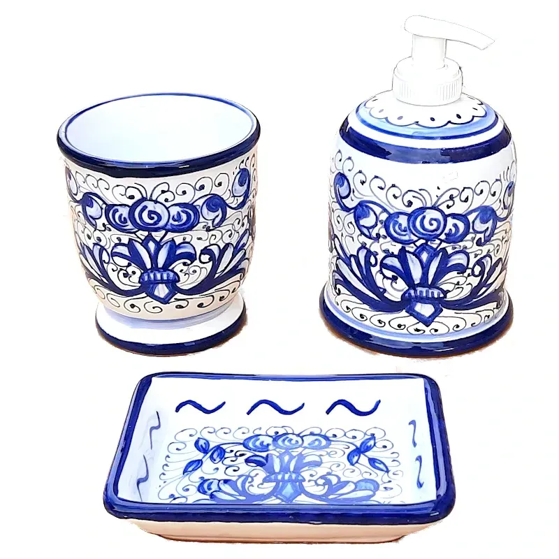 Set bagno ceramica maiolica Deruta ricco Deruta blu monocolore 3 PZ