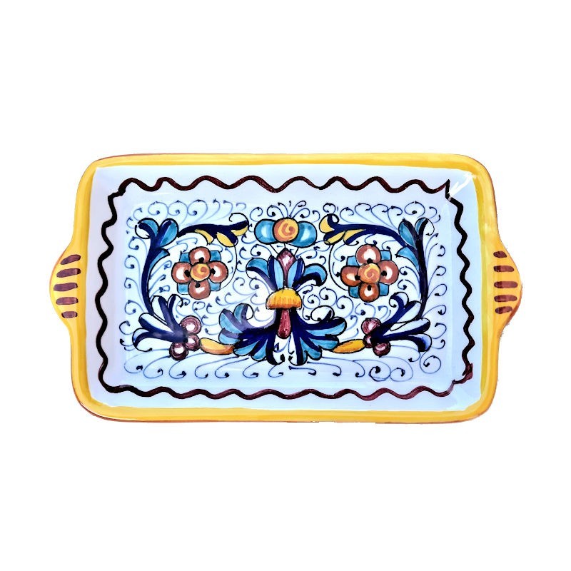 Deruta majolica ceramic tray hand painted rectangular Rich Deruta yellow decoration Cm. 18