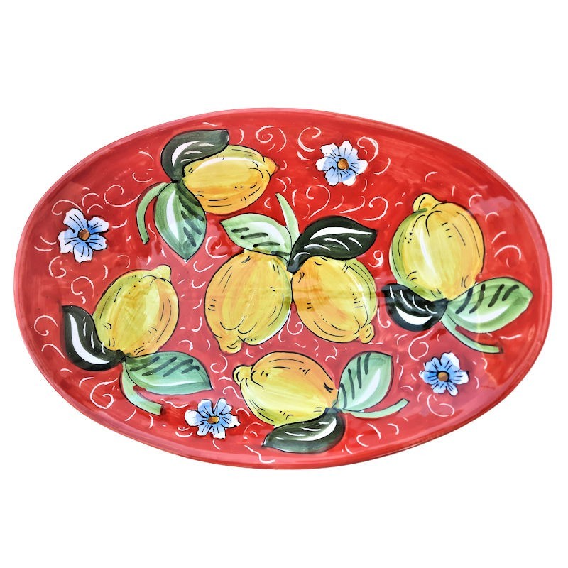 Vassoio portapane ceramica maiolica Deruta dipinto a mano decoro Positano rosso