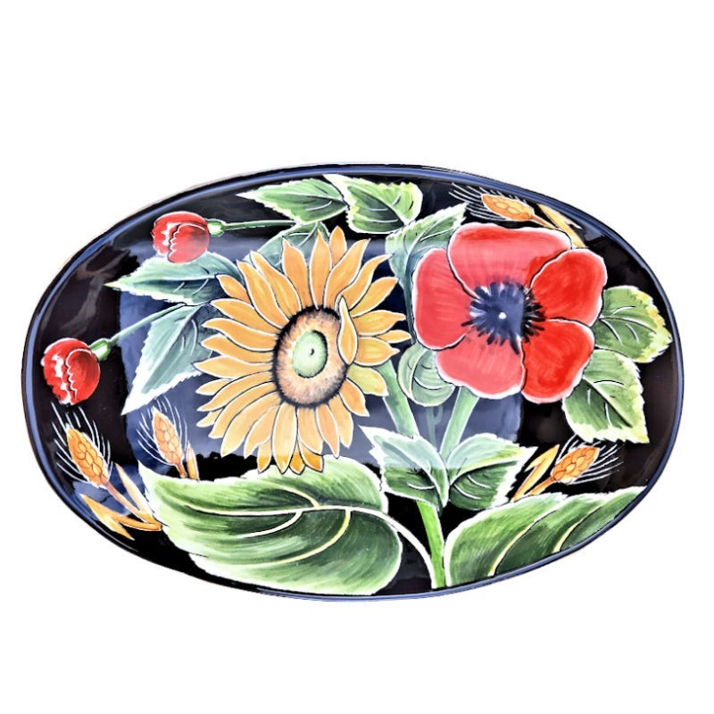Vassoio portapane ceramica maiolica Deruta dipinto a mano decoro Girasole Fondo Nero