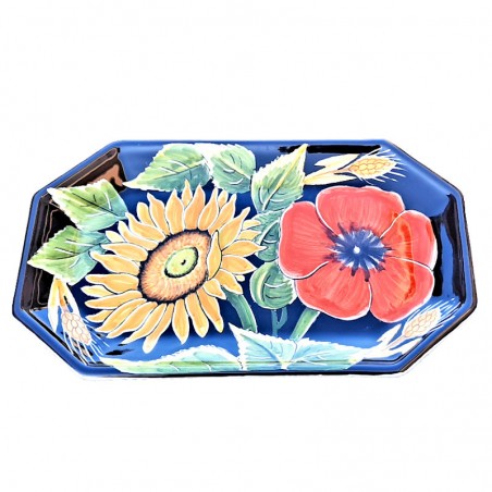 Octagonal Deruta majolica ceramic tray hand painted with black sunflower decoration