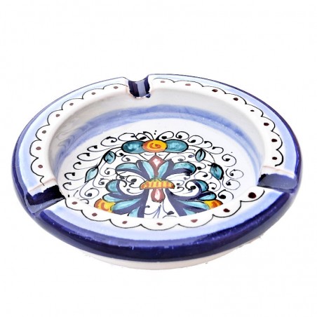 Posacenere ceramica maiolica Deruta dipinto a mano decoro Ricco Deruta blu rotondo