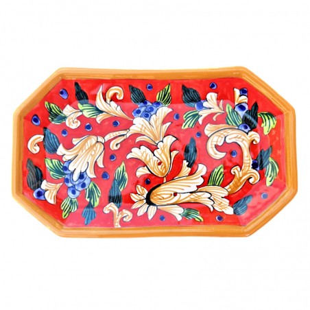 Octagonal Deruta majolica ceramic tray hand painted with artistic red decoration