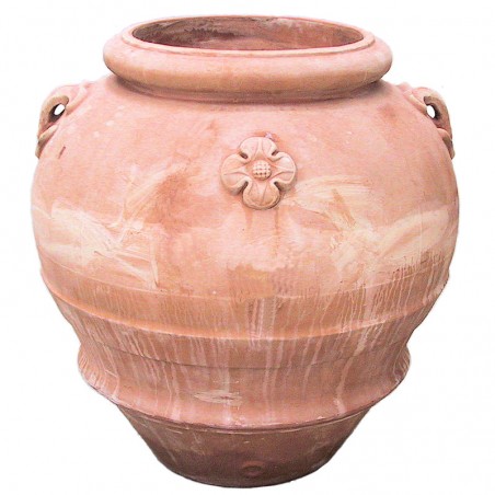 Big terracotta jar with rosette and handles hand made model narrow mouth
