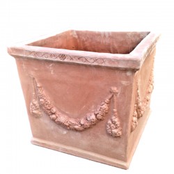 Square terracotta vase with festoon handmade