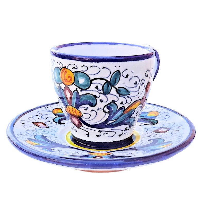Coffee cup bar and saucer ceramic majolica Deruta hand painted Rich Deruta Blue decoration
