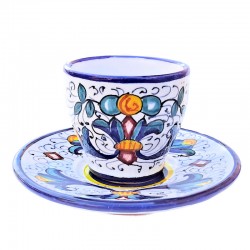 Coffee cup bar and saucer ceramic majolica Deruta hand painted Rich Deruta Blue decoration
