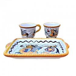 Servizio Caffè ceramica maiolica Deruta dipinto a mano con 2 tazze e vassoio decoro Raffaellesco