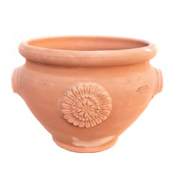 Round terracotta planter with rosette and handles handmade