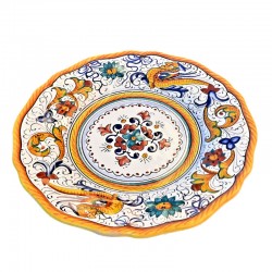Dessert, flat and soup plate ceramic majolica Deruta Raphaelesque floral doily scalloped