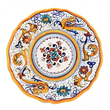 Dessert, flat and soup plate ceramic majolica Deruta Raphaelesque floral doily scalloped
