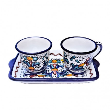 Servizio Caffè ceramica maiolica Deruta dipinto a mano con 2 tazze e vassoio decoro Ricco Deruta blu
