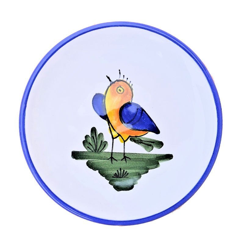 Piattino ceramica maiolica Deruta dipinto a mano decoro uccellino Cm. 12