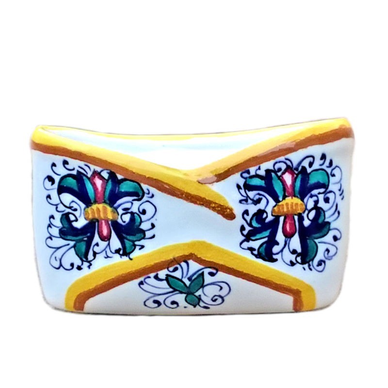 Business card holder Deruta majolica ceramic hand painted with Rich Deruta yellow decoration for the table