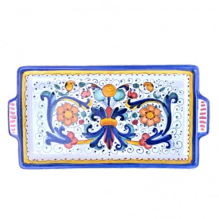 Vassoio ceramica maiolica Deruta dipinto a mano rettangolare decoro Ricco Deruta blu