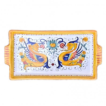 Vassoio ceramica maiolica Deruta dipinto a mano rettangolare decoro Raffaellesco