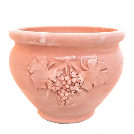 Round terracotta planter with cluster grapes and leaves handmade