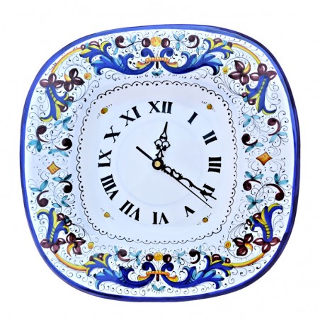 Square wall clock in Deruta majolica hand painted with Rich Deruta Blue decoration