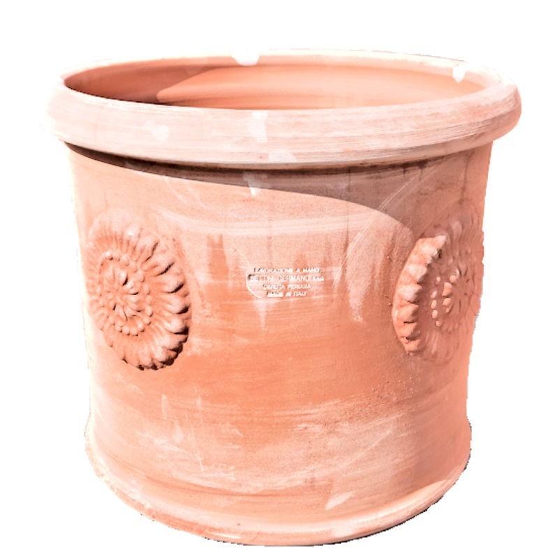 Cylindrical terracotta vase with rosette handmade
