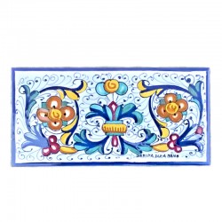 Mattonella listello ceramica maiolica Deruta dipinta a mano decoro ricco Deruta blu rettangolare