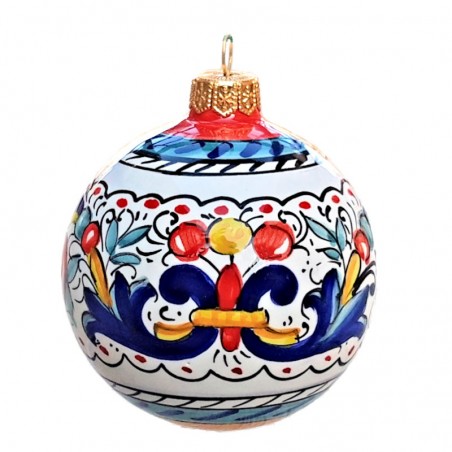 Palla di Natale ceramica maiolica Deruta dipinta a mano decoro Ricco Deruta blu rosso