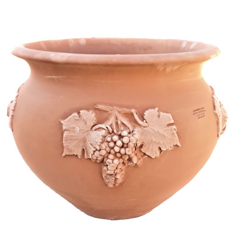 Big round terracotta planter with 4 cluster grapes hand made