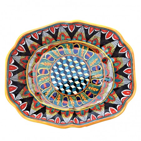 Legume dish Deruta majolica ceramic hand painted with various cubes decoration