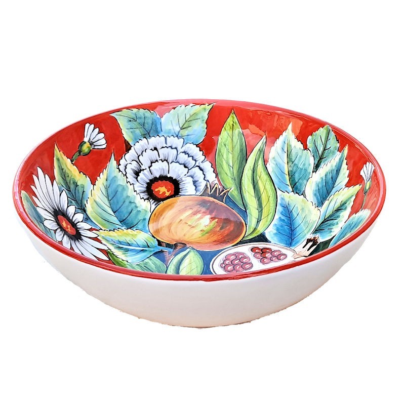 Deruta majolica ceramic salad bowl hand painted with pomegranate decoration