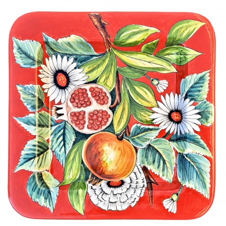 Square wall plate majolica ceramic Deruta pomegranate