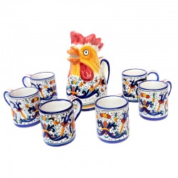 Rooster pitcher with 6 mugs majolica ceramic Deruta rich Deruta blue