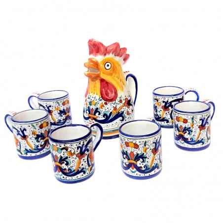 Rooster pitcher with 6 mugs majolica ceramic Deruta rich Deruta blue