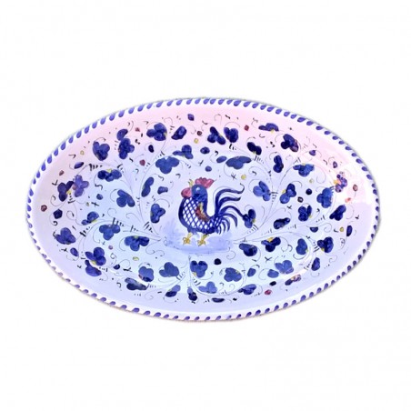 Vassoio ceramica maiolica Deruta dipinto a mano da portata ovale decoro Gallo Blu Orvietano